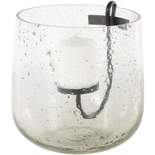 Clear Glass Decorative Candle Holder with Black Metal Accents and Brown Speckles