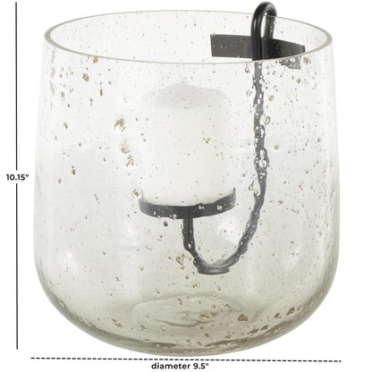 Clear Glass Decorative Candle Holder with Black Metal Accents and Brown Speckles