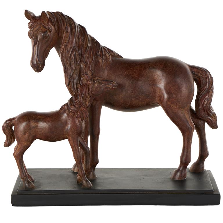 Dark Brown Ceramic Horse Mom and Baby Decorative Sculpture with Black Rectangle Base