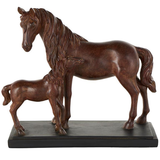 Dark Brown Ceramic Horse Mom and Baby Decorative Sculpture with Black Rectangle Base