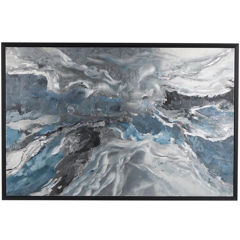 Blue Canvas Abstract Living Room Framed Wall Art with Silver Foil Accents and Black Frame