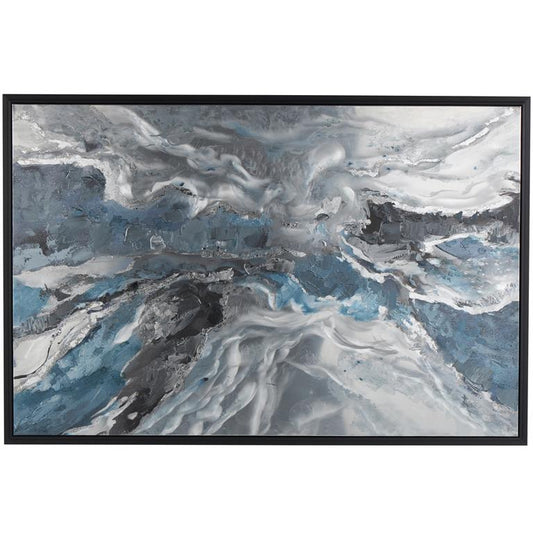 Blue Canvas Abstract Living Room Framed Wall Art with Silver Foil Accents and Black Frame