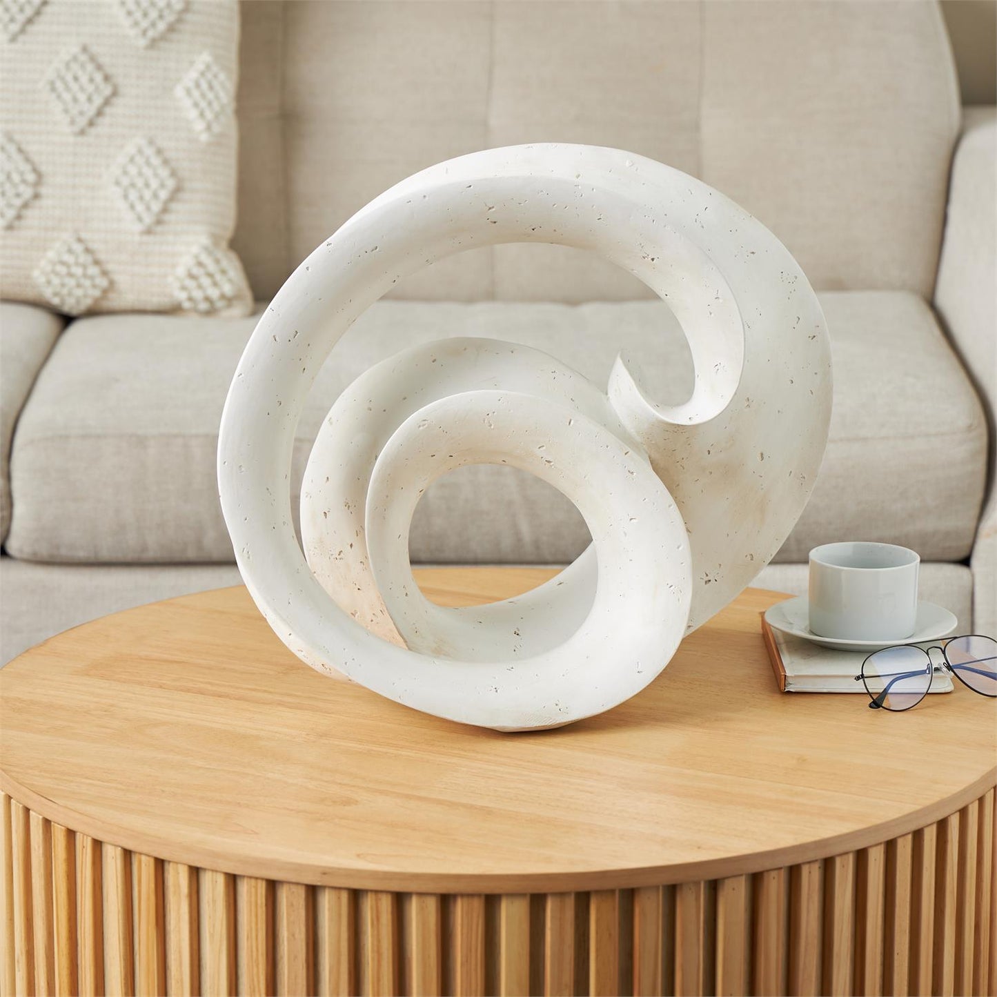 White Polystone Abstract Wavy Shaped Decorative Sculpture with Cutouts and Speckled Texturing