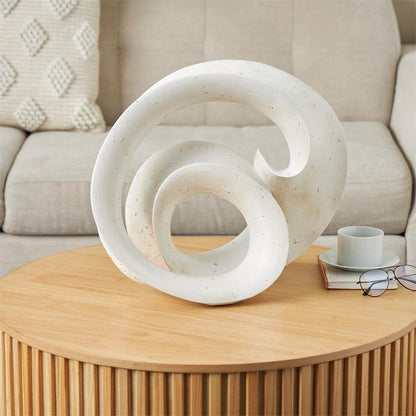 White Polystone Abstract Wavy Shaped Decorative Sculpture with Cutouts and Speckled Texturing