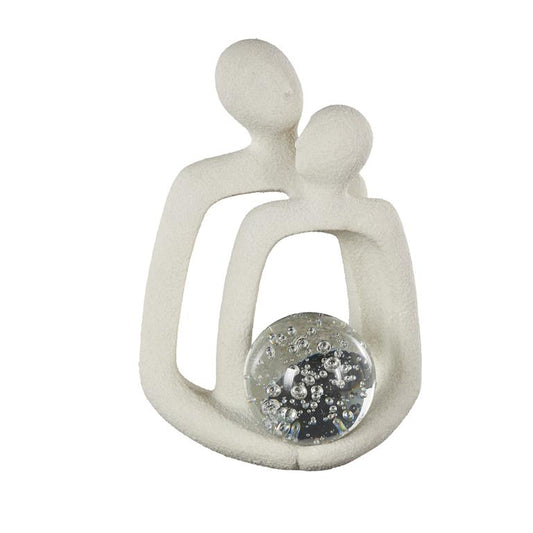White Polystone People Abstract Textured Decorative Sculpture with Clear Glass Orb and Black Speckle