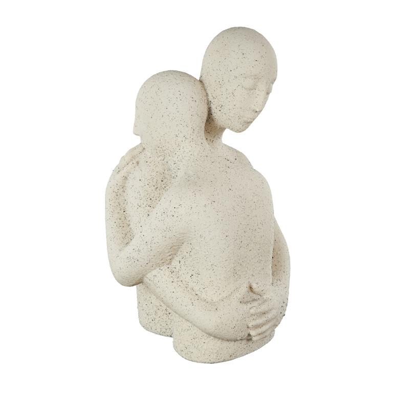 White Polystone People Hugging Decorative Sculpture with Black Speckles
