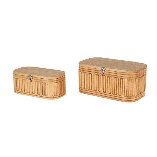 Brown Wood Ribbed Decorative Box with Brass Latches,