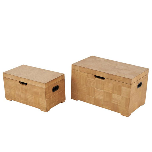 Brown Wood Handmade Decorative Trunk with Black Metal Accents and Square Patterns