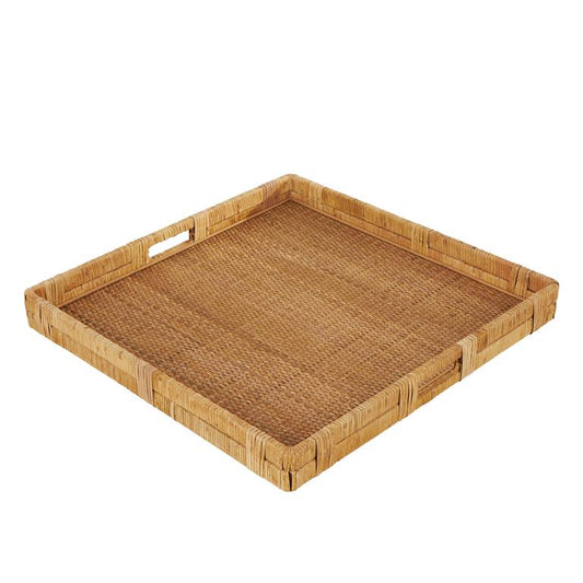 Brown Rattan Handmade Woven Living Room Decor Tray with Slot Handles
