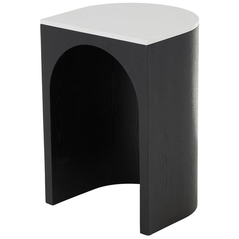 Black Wood Cutout Arch Side End Accent Table with White Marble Tabletop
