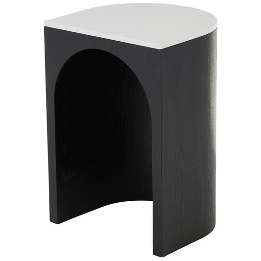 Black Wood Cutout Arch Side End Accent Table with White Marble Tabletop