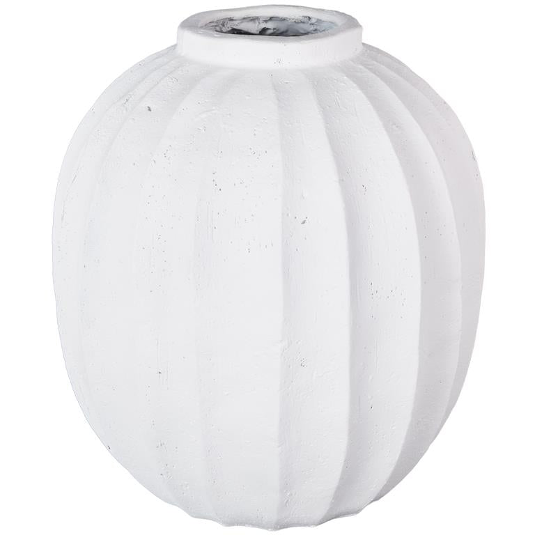 White Magnesium Oxide Wide Decorative Vase with Carved Grooves