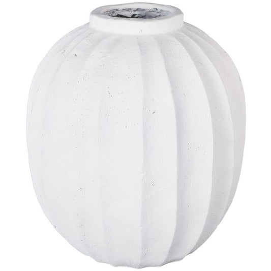 White Magnesium Oxide Wide Decorative Vase with Carved Grooves