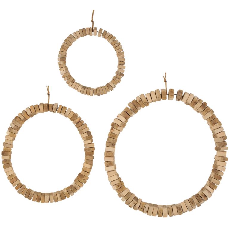 Brown Wood Abstract Beaded Home Wall Decor with Hanging Rope, Set