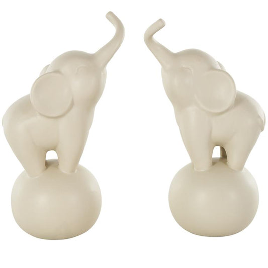 White Ceramic Elephant Trumpeting Decorative Sculpture with Round Base