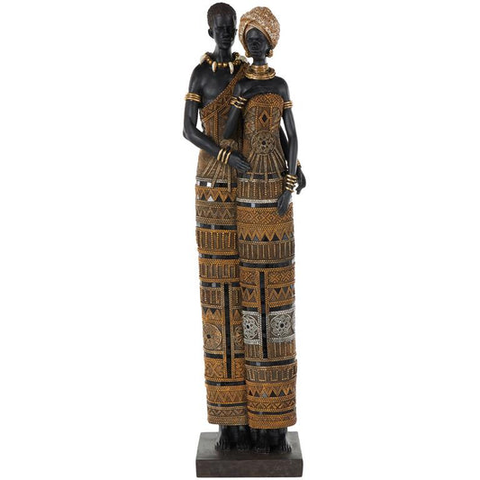 Black Resin Family Tall African Decorative Sculpture with Gold Jewels