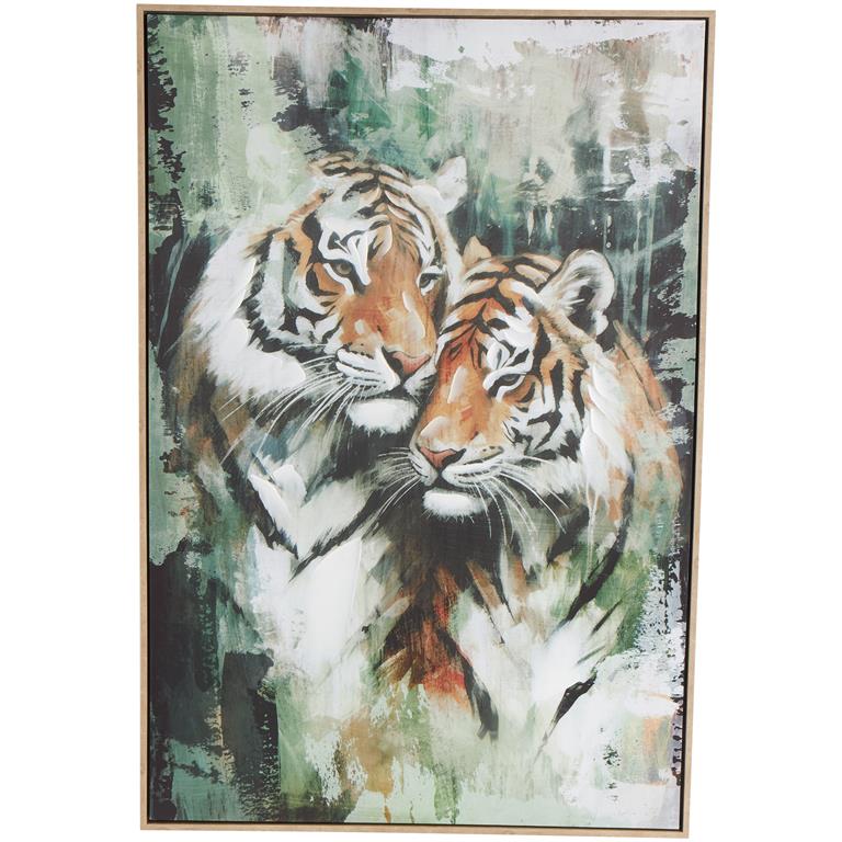 Multi Colored Canvas Tiger Shaded Living Room Framed Wall Art with Green Accent