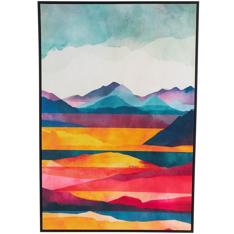 Multi Colored Canvas Abstract Mountains and Lake View Living Room Framed Wall Art with Black Frame