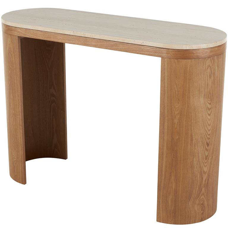 Brown Wood Curved Crescent Living Room Console Table with Oval Beige Marble Tabletop
