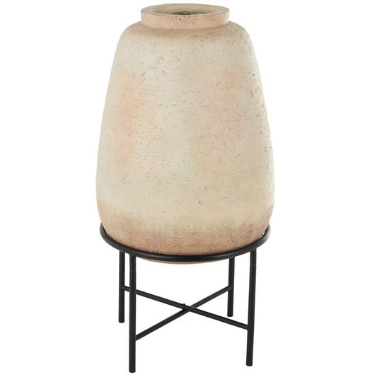 Beige Magnesium Oxide Wide Decorative Vase with Black Metal Stand