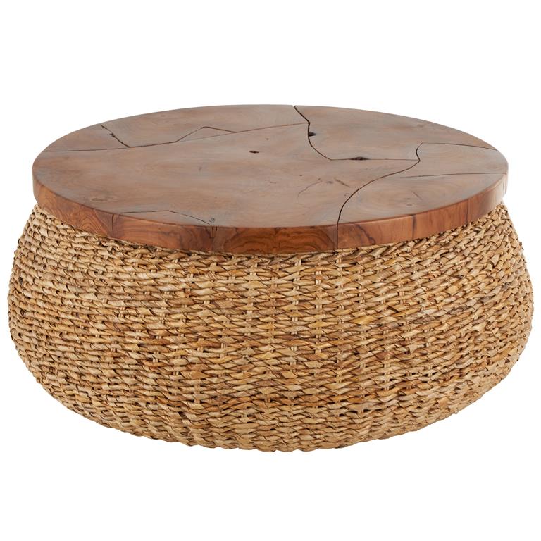 Brown Rattan Wrapped Living Room Coffee Table with Teak Tableto