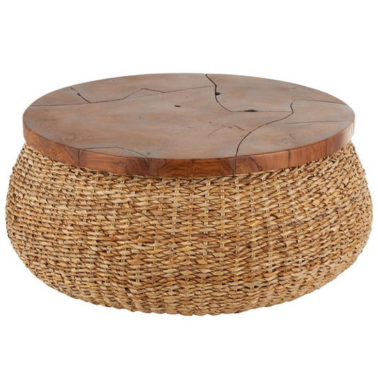 Brown Rattan Wrapped Living Room Coffee Table with Teak Tableto