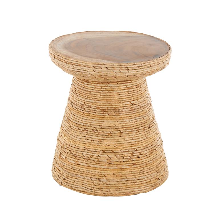 Brown Banana Leaf Handmade Woven Side End Accent Table with Wooden Tabletop