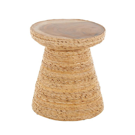 Brown Banana Leaf Handmade Woven Side End Accent Table with Wooden Tabletop
