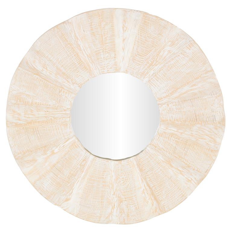 Cream Teak Wood Abstract Handmade Large Room Wall Mirror with Carved Abstract Patterns
