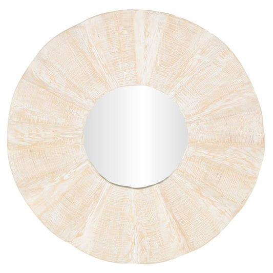 Cream Teak Wood Abstract Handmade Large Room Wall Mirror with Carved Abstract Patterns