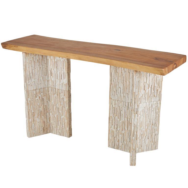 Brown Teak Wood Handmade Rectangular Living Room Console Table with Envi Slat Leg