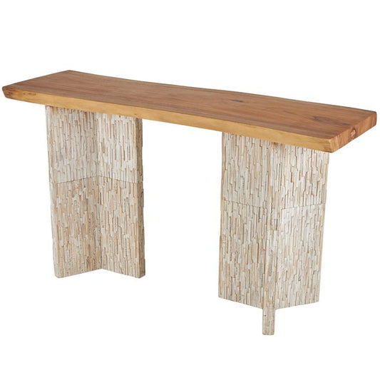 Brown Teak Wood Handmade Rectangular Living Room Console Table with Envi Slat Leg