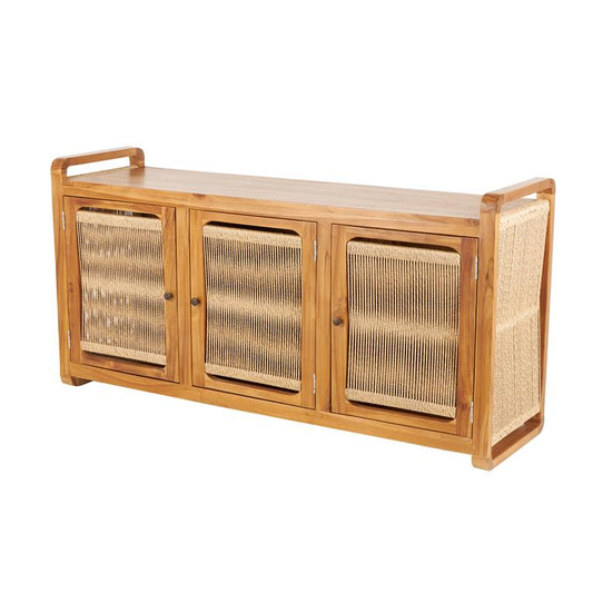 Brown Teak Wood Handmade 3 Door Room Cabinet with Rattan Front and Sides