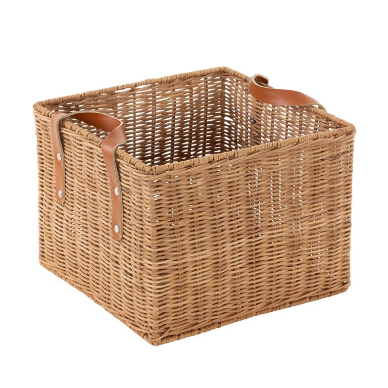 Brown Rattan Handmade Woven Decorative and Functional Storage Basket with Leather Handles