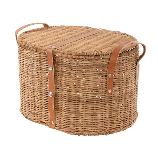 Brown Rattan Handmade Woven Decorative and Functional Storage Basket with Lid and Leather Handles