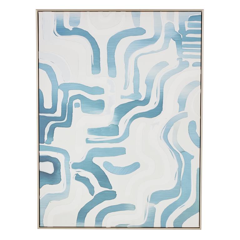 White Canvas Abstract Living Room Framed Wall Art with Blue Wavy Lines and Brass Frame