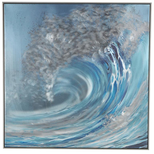Blue Aluminum Metal Nautical Wave Living Room Framed Wall Art with Silver Frame and White Accents