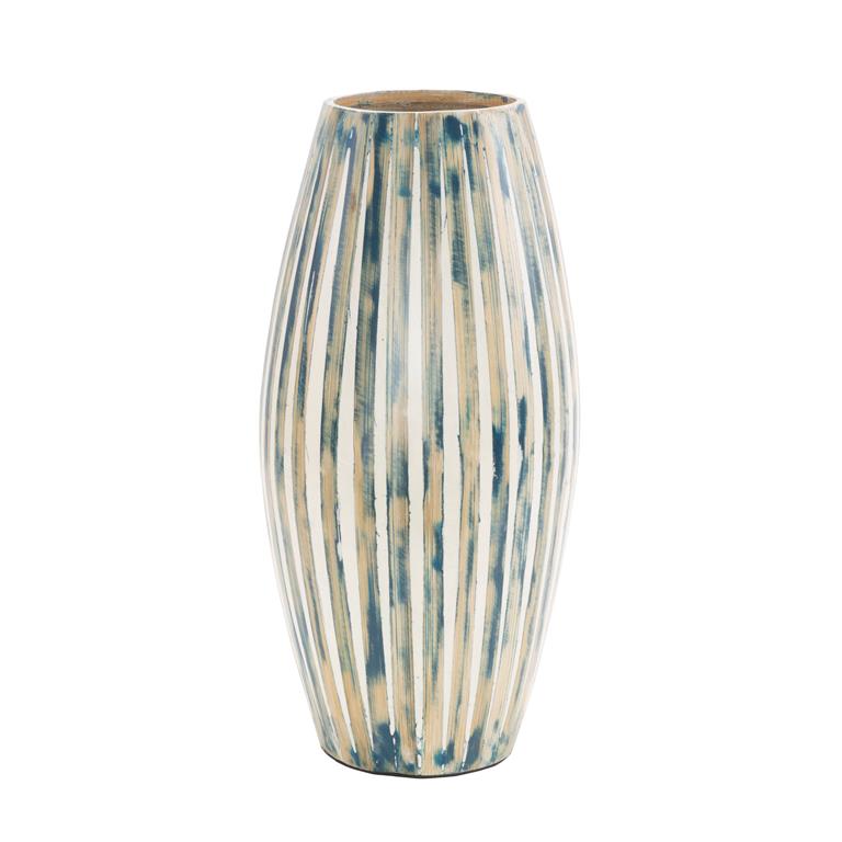 Blue Bamboo Wood Brushed Decorative Vase with Cream Accents and White Stripes