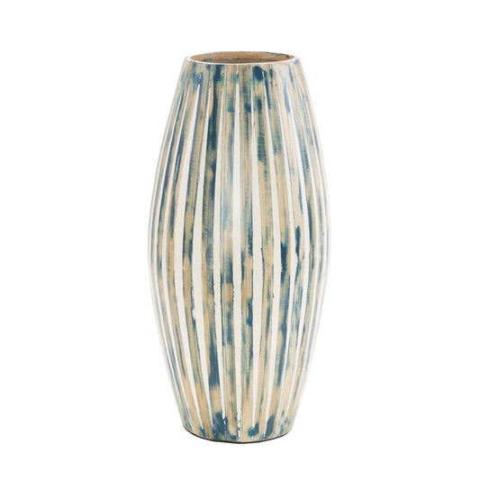 Blue Bamboo Wood Brushed Decorative Vase with Cream Accents and White Stripes
