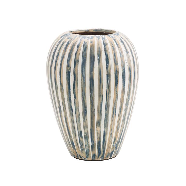 Blue Bamboo Wood Brushed Decorative Vase with Cream Accents and White Stripes