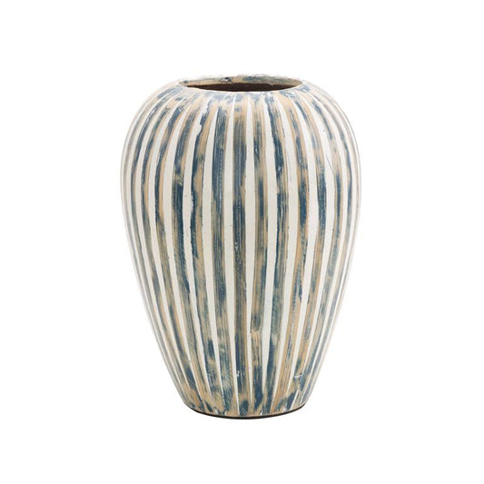 Blue Bamboo Wood Brushed Decorative Vase with Cream Accents and White Stripes