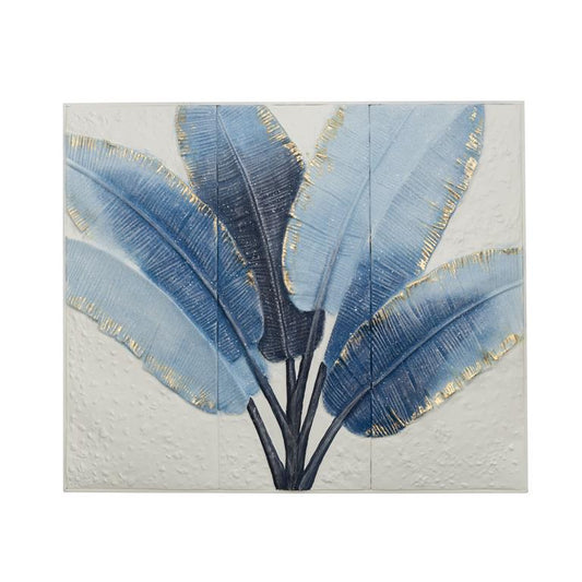 Blue Metal Palm Tree Leaf Home Wall Decor with Gold Foil Accents and White Speckled Details