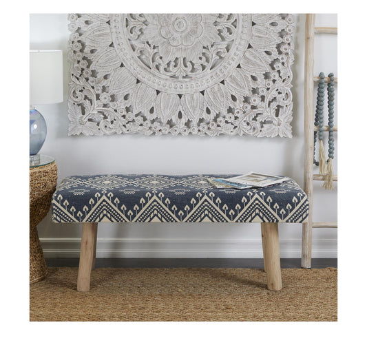 BLUE WOOD MOROCCAN BENCH WITH WOOD LEGS, 48" X 18" X 20"