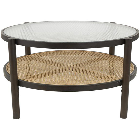 Brown Rattan Living Room Coffee Table with Pressed Tempered Glass Top