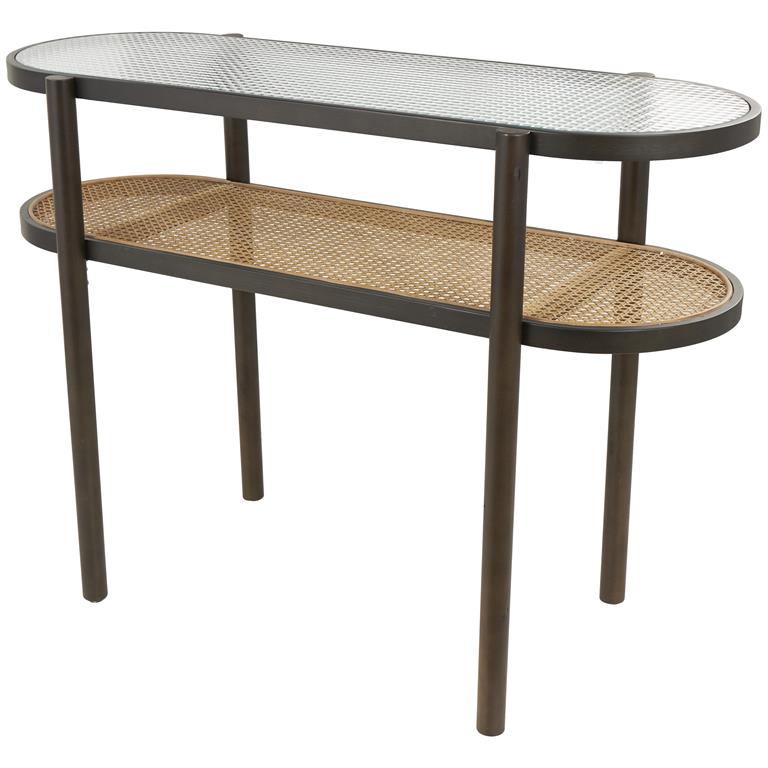 Brown Rattan Living Room Coffee Table with Pressed Tempered Glass Top
