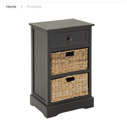 BLACK WOOD 2 BASKETS AND 1 DRAWER STORAGE UNIT, 16" X 13" X 28"