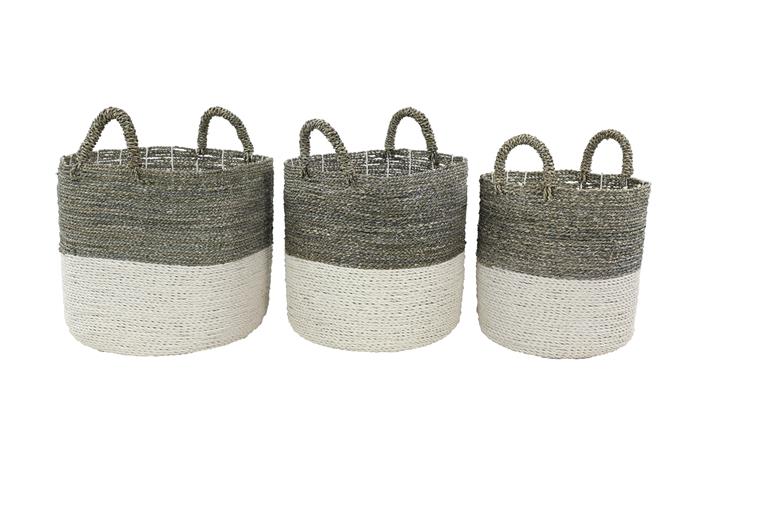White Seagrass Handmade Two Toned Decorative and Functional Storage Basket with Handles