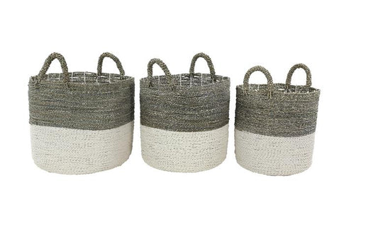 White Seagrass Handmade Two Toned Decorative and Functional Storage Basket with Handles