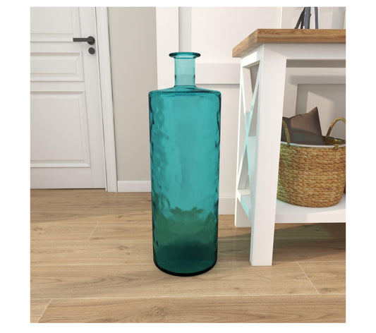 TEAL GLASS SPANISH VASE, 10" X 10" X 30"