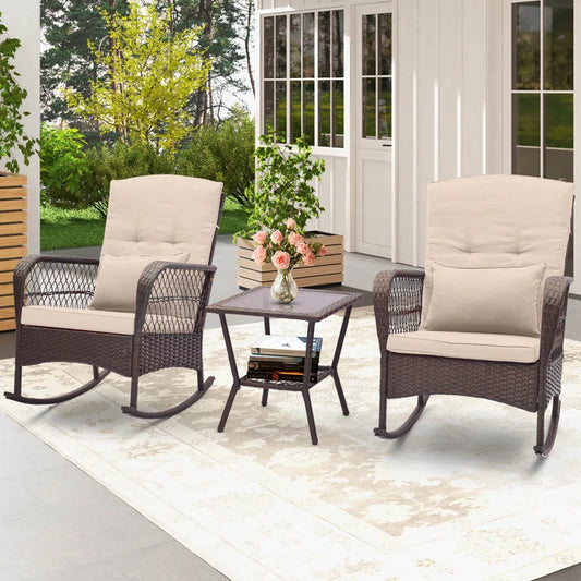 Lake Manor 3 Pcs Patio Rocker Set Outdoor Wicker Rocking Chairs With Double-layer Coffee Table